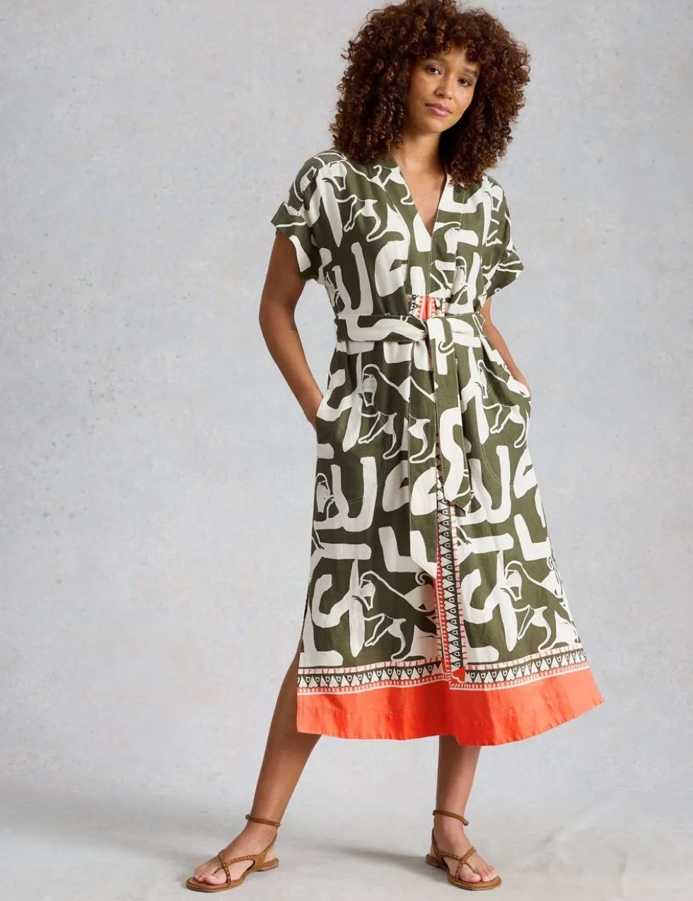 Linen Blend Abstract Midi Utility Dress