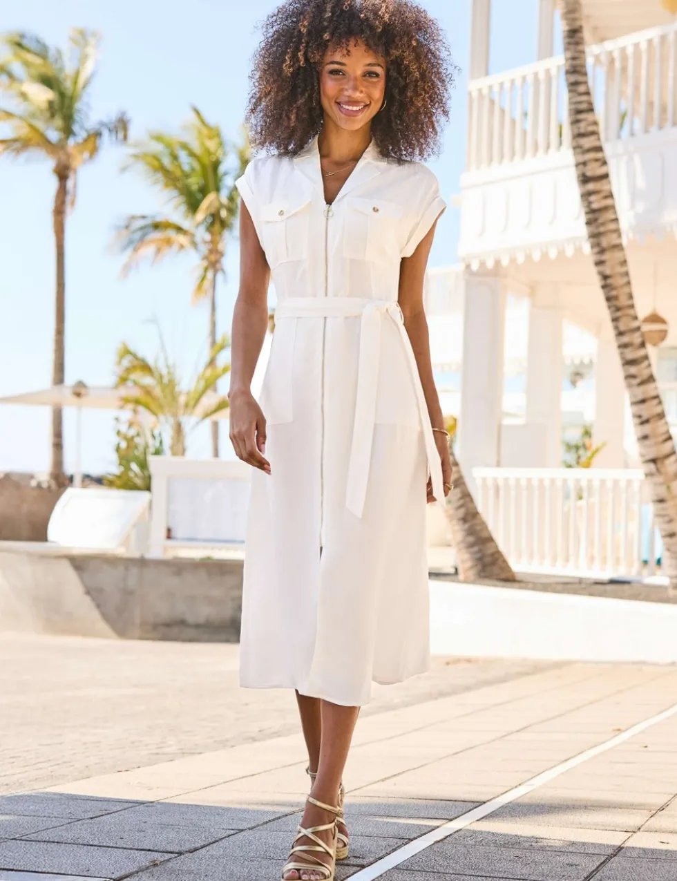 Linen Blend Belted Midi Shirt Dress