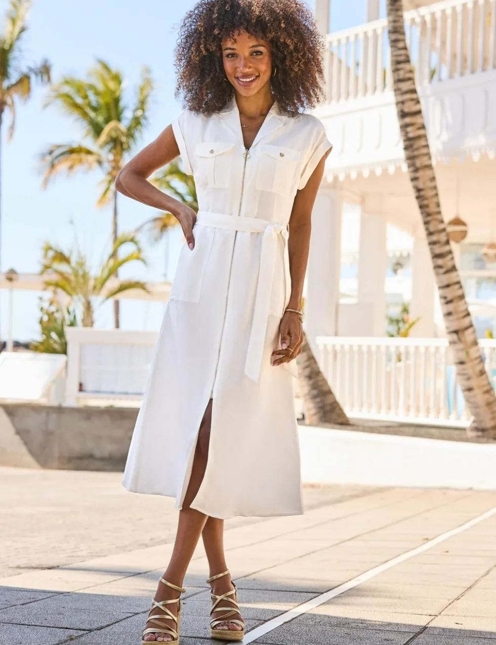 Linen Blend Belted Midi Shirt Dress
