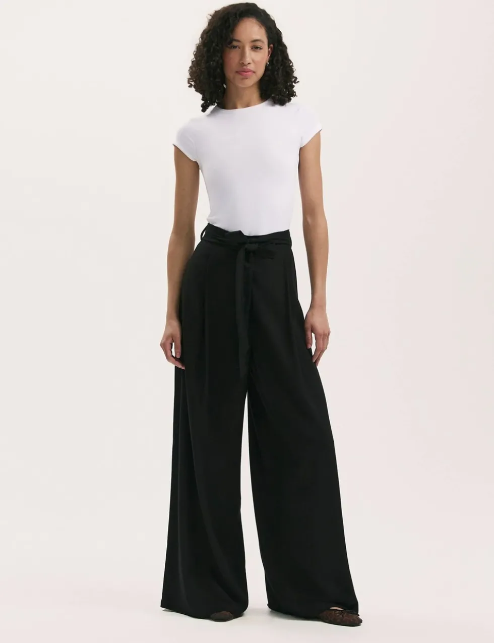 Linen Blend Belted Wide Leg Trousers