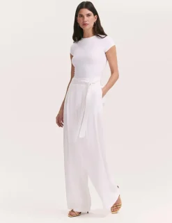 Linen Blend Belted Wide Leg Trousers