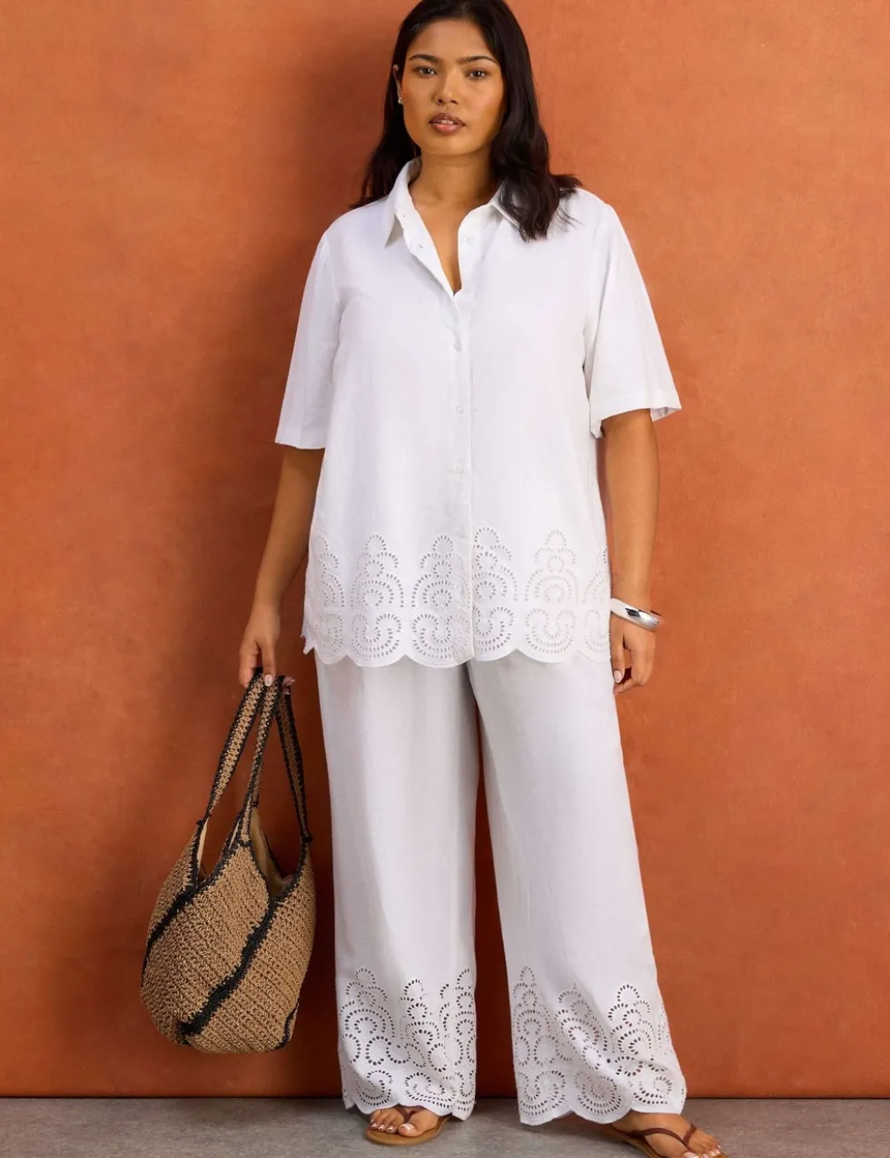 Linen Blend Broderie Button Through Shirt
