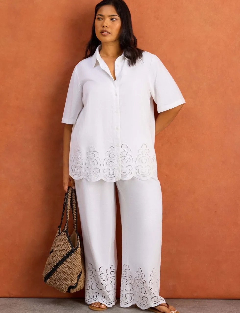Linen Blend Broderie Button Through Shirt