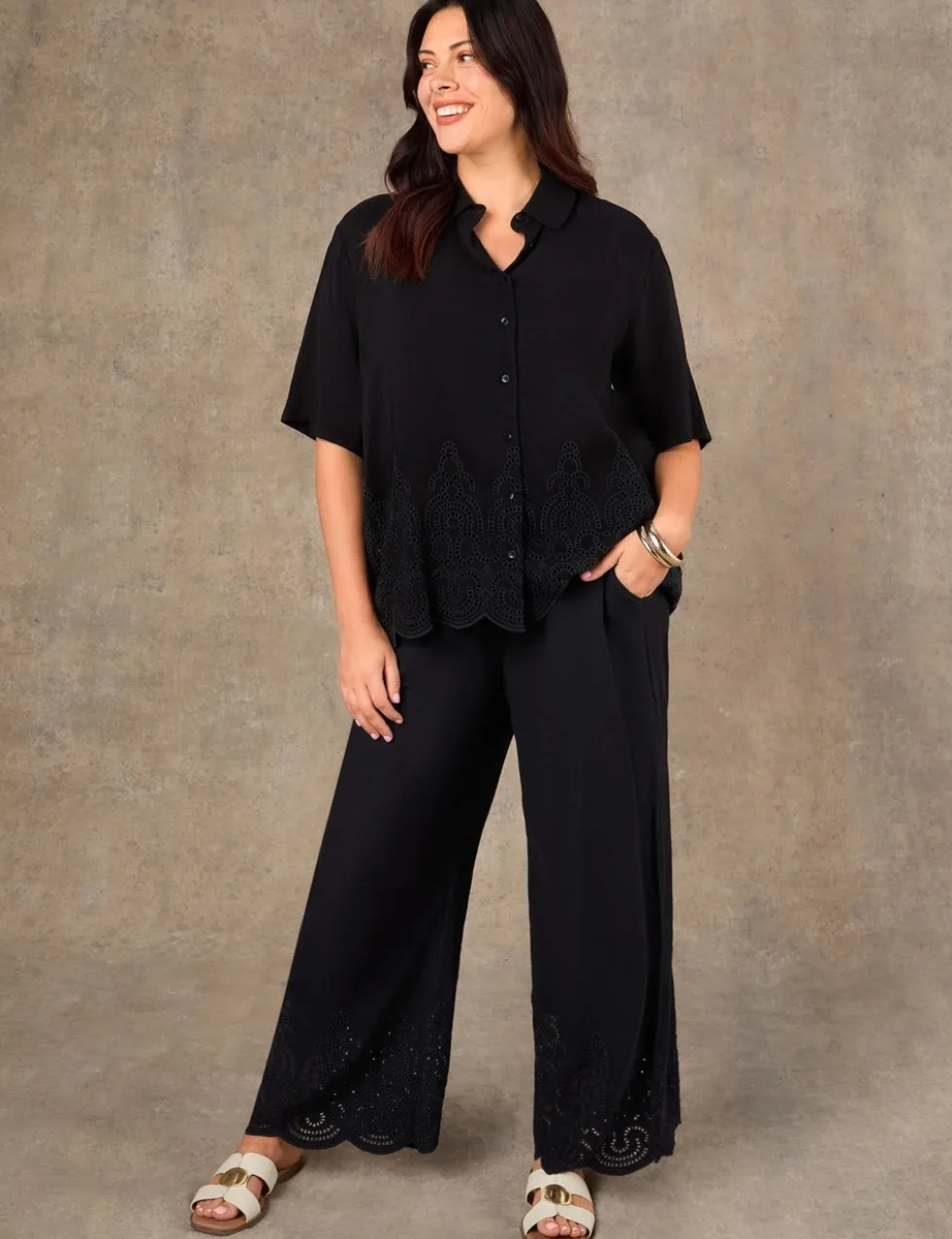 Linen Blend Broderie Button Through Shirt