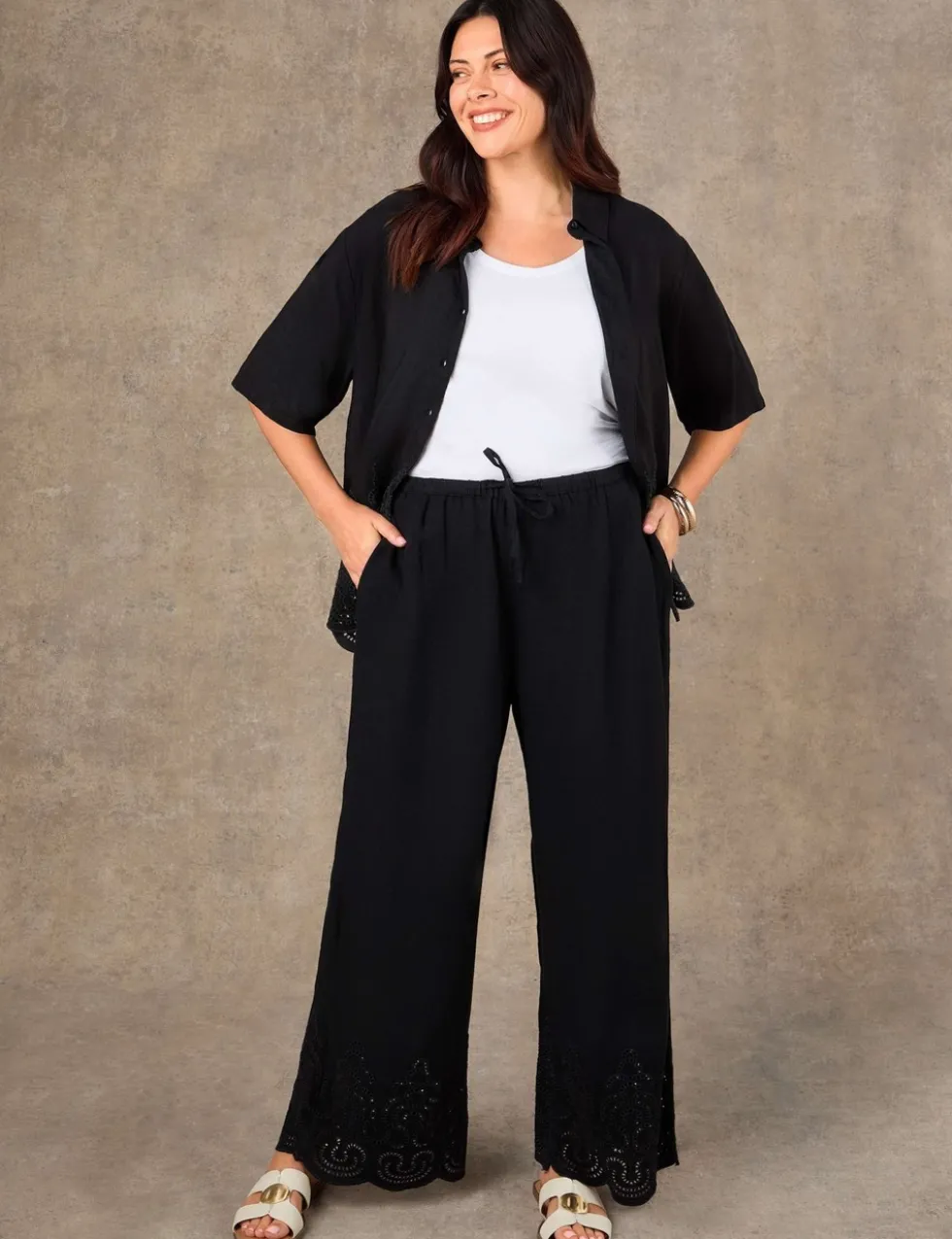 Linen Blend Broderie Button Through Shirt