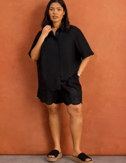 Linen Blend Broderie High Waisted Shorts