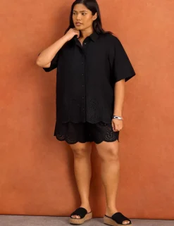 Linen Blend Broderie High Waisted Shorts