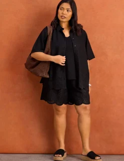 Linen Blend Broderie High Waisted Shorts