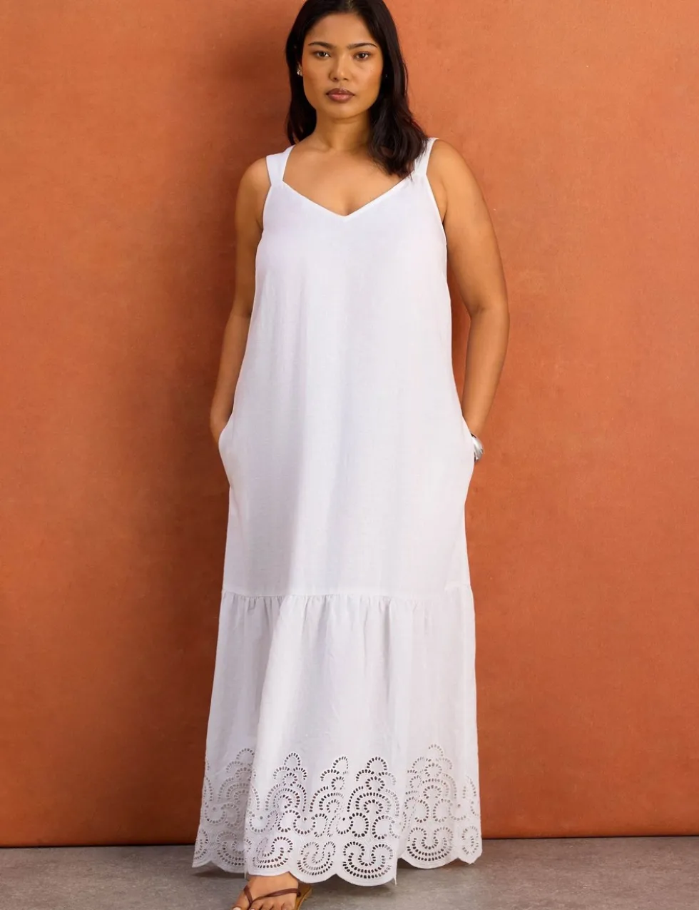 Linen Blend Broderie Maxi Swing Dress