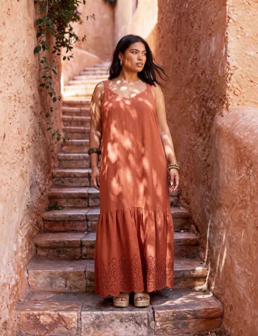 Linen Blend Broderie V-Neck Maxi Dress