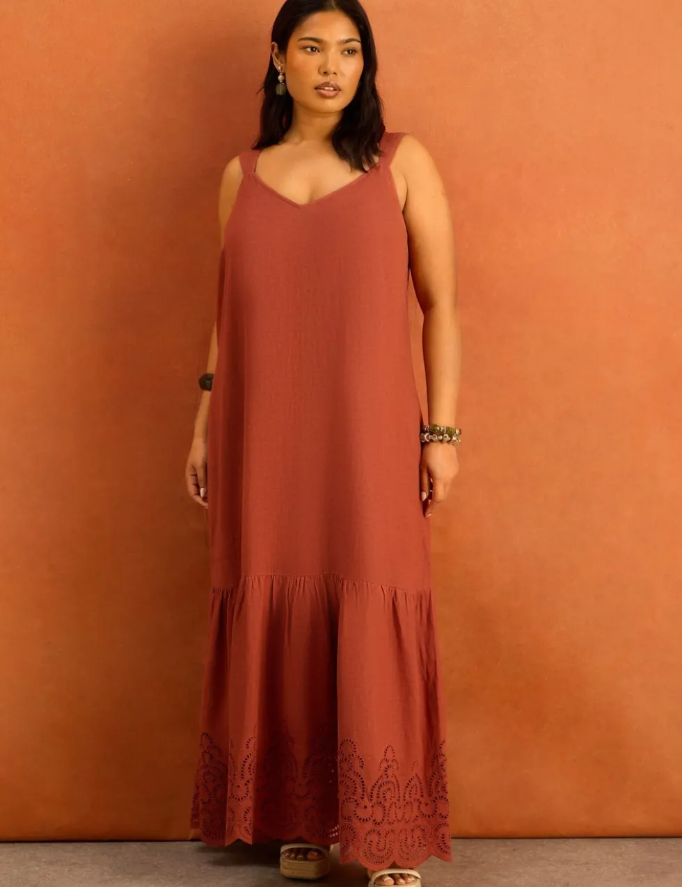 Linen Blend Broderie V-Neck Maxi Dress