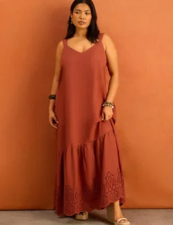 Linen Blend Broderie V-Neck Maxi Dress