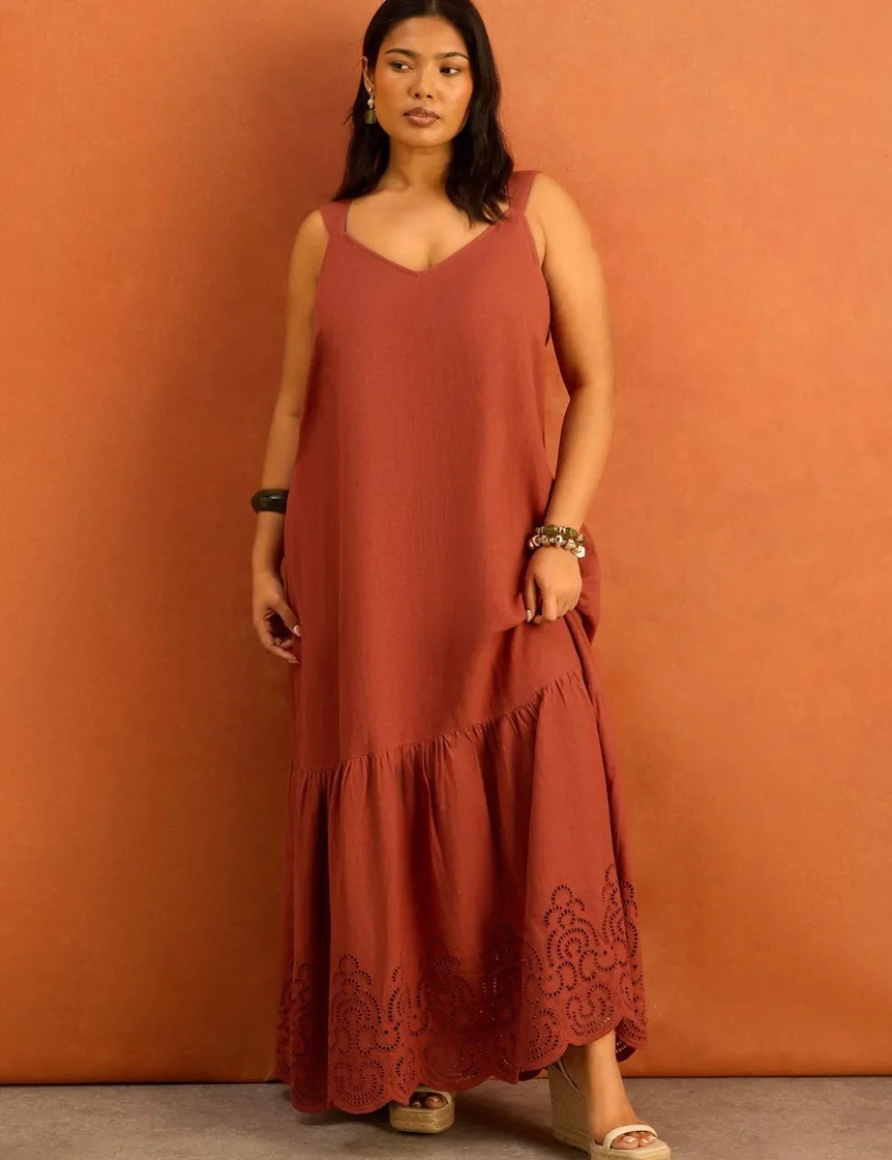 Linen Blend Broderie V-Neck Maxi Dress