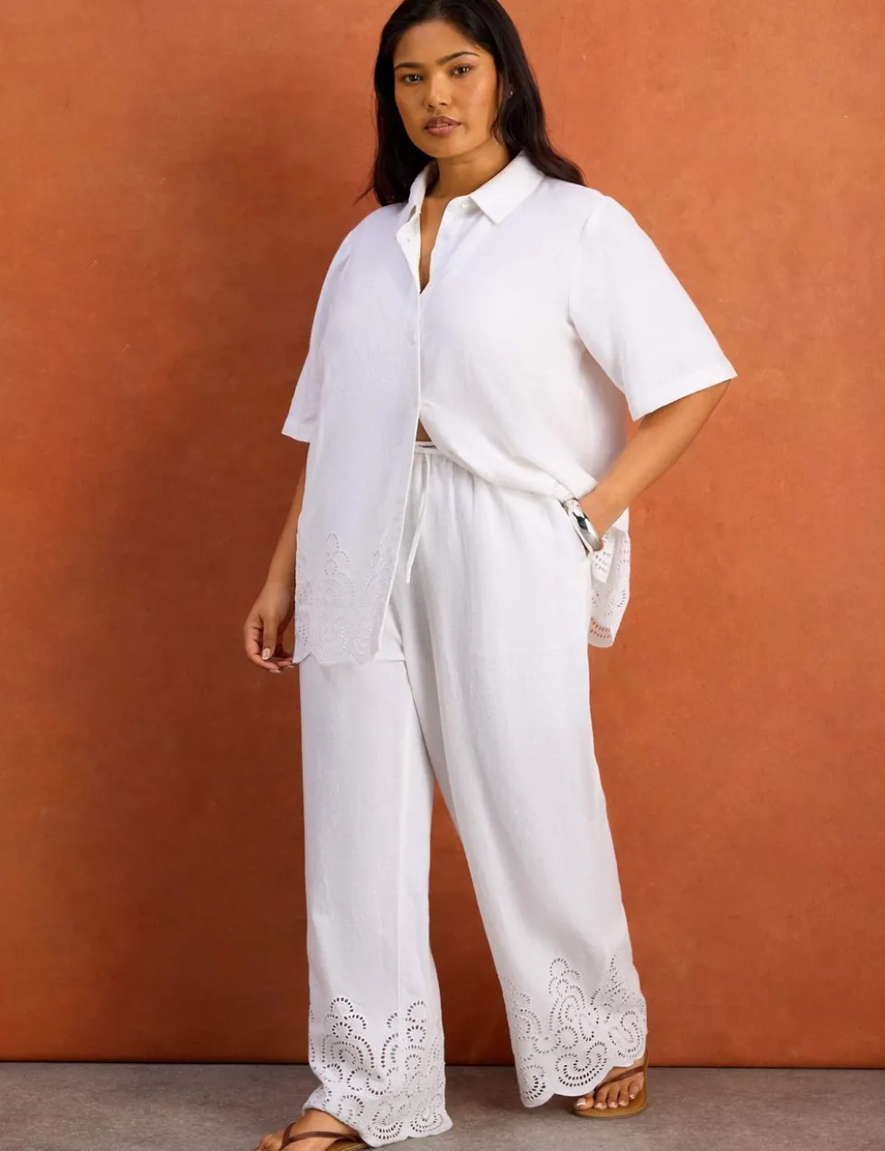 Linen Blend Broderie Wide Leg Trousers