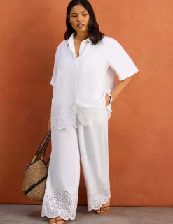 Linen Blend Broderie Wide Leg Trousers