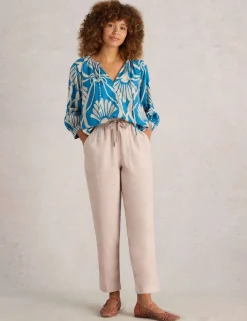 Linen Blend Drawstring Ankle Grazer Trousers