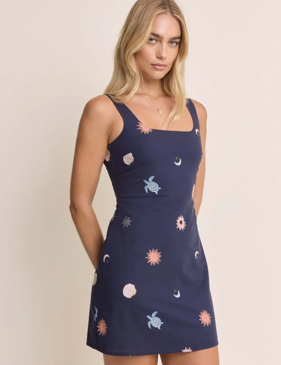 Linen Blend Embroidered Mini Shift Dress