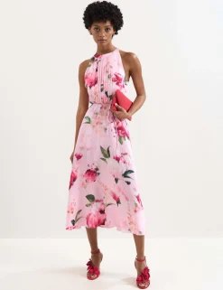 Linen Blend Floral Halter Neck Midi Dress