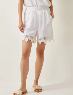 Linen Blend Floral Lace Trimmed Shorts