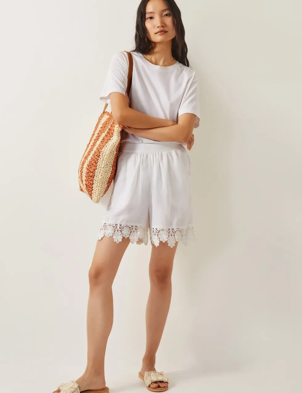 Linen Blend Floral Lace Trimmed Shorts