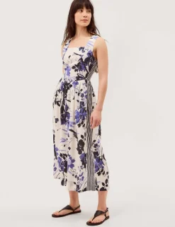 Linen Blend Floral Midi Skater Dress