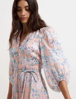 Linen Blend Floral Midi Skater Dress