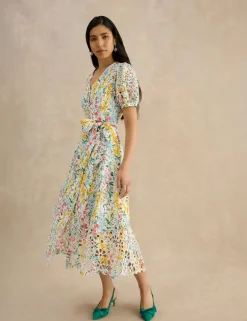Linen Blend Floral Midi Tea Dress