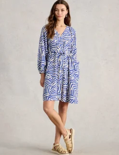 Linen Blend Geometric Mini Shirt Dress