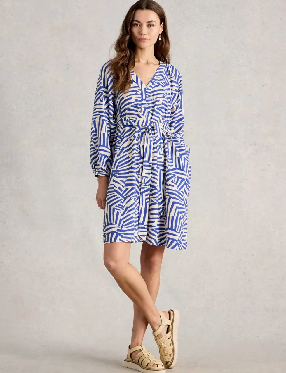 Linen Blend Geometric Mini Shirt Dress