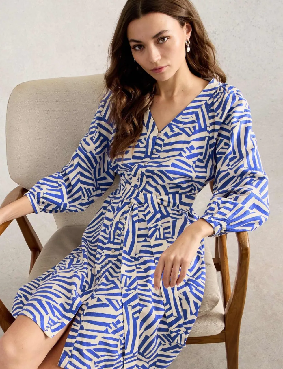 Linen Blend Geometric Mini Shirt Dress