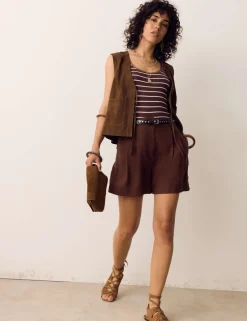 Linen Blend High Waisted Pleat Front Shorts