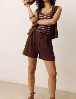 Linen Blend High Waisted Pleat Front Shorts