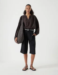Linen Blend High Waisted Bermuda Shorts