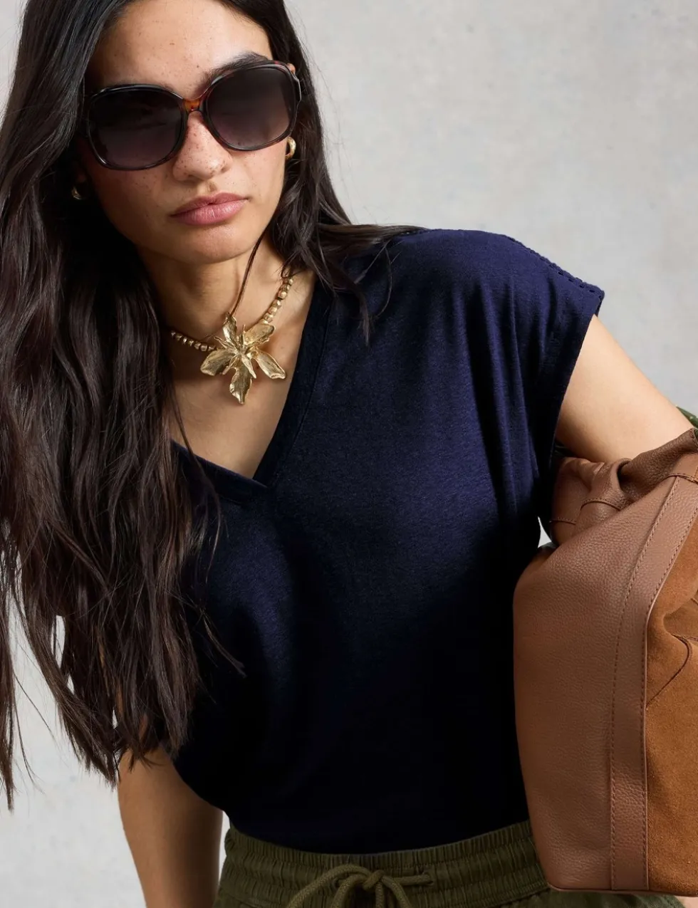 Linen Blend Lace Trim T-Shirt