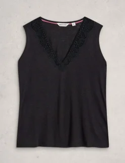Linen Blend Lace Trim V-Neck Vest Top