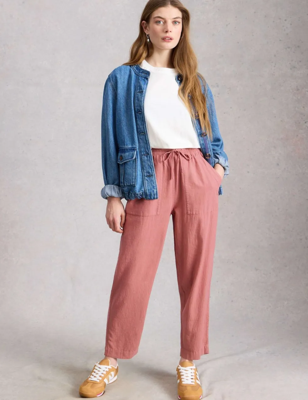 Linen Blend Leaf Print Tapered Trousers