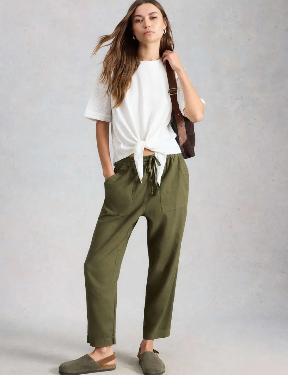 Linen Blend Leaf Print Tapered Trousers