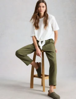 Linen Blend Leaf Print Tapered Trousers