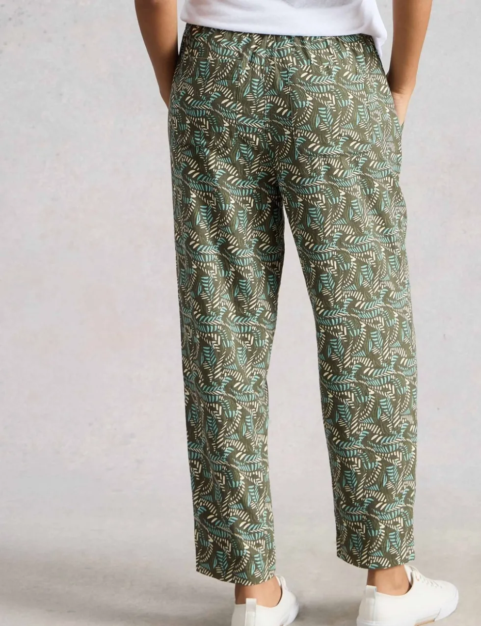 Linen Blend Leaf Print Tapered Trousers