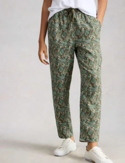 Linen Blend Leaf Print Tapered Trousers