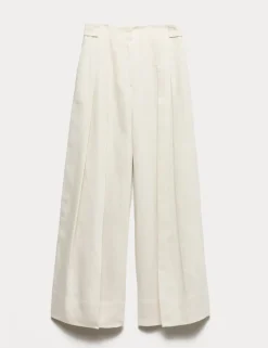 Linen Blend Pleat Front Wide Leg Trousers