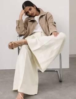 Linen Blend Pleat Front Wide Leg Trousers