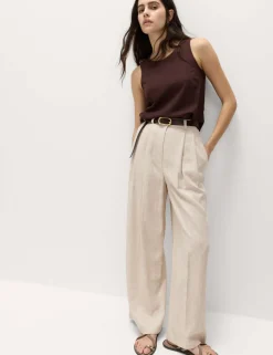 Linen Blend Pleat Front Wide Leg Trousers