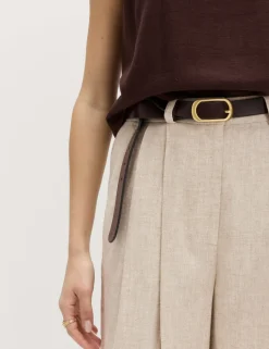 Linen Blend Pleat Front Wide Leg Trousers