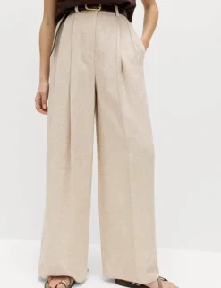 Linen Blend Pleat Front Wide Leg Trousers