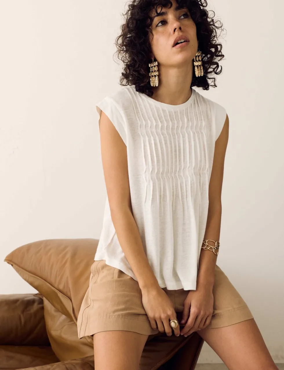 Linen Blend Pleat Yoke Top