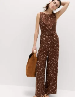 Linen Blend Printed Belted Jumpsuit