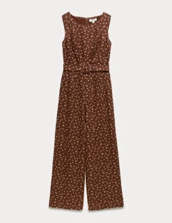Linen Blend Printed Belted Jumpsuit