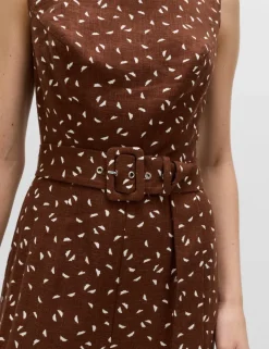 Linen Blend Printed Belted Jumpsuit