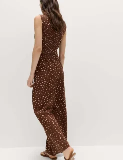 Linen Blend Printed Belted Jumpsuit